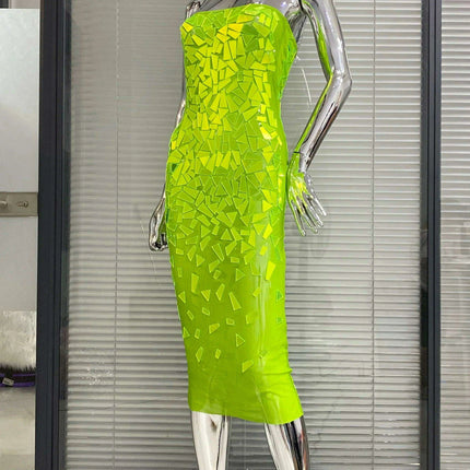 Fluorescent Green Sequin Triangle Midi Bodycon Gown - Très Elite