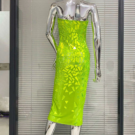 Fluorescent Green Sequin Triangle Midi Bodycon Gown - Très Elite