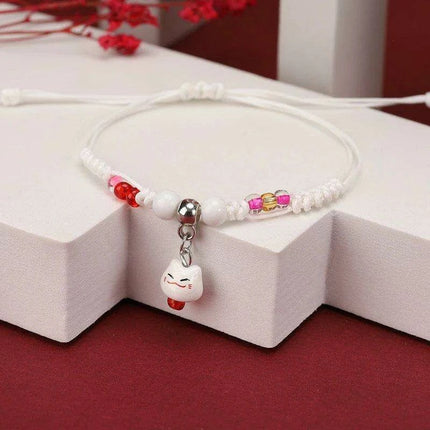 Fortune Bringer Lucky Cat Adjustable Bracelet - Handmade Red Accessory for Positive Energy - Très Elite