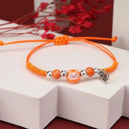 Fortune Bringer Lucky Cat Adjustable Bracelet - Handmade Red Accessory for Positive Energy - Très Elite