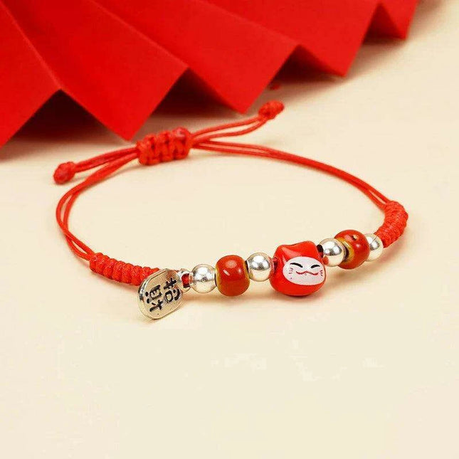 Fortune Bringer Lucky Cat Adjustable Bracelet - Handmade Red Accessory for Positive Energy