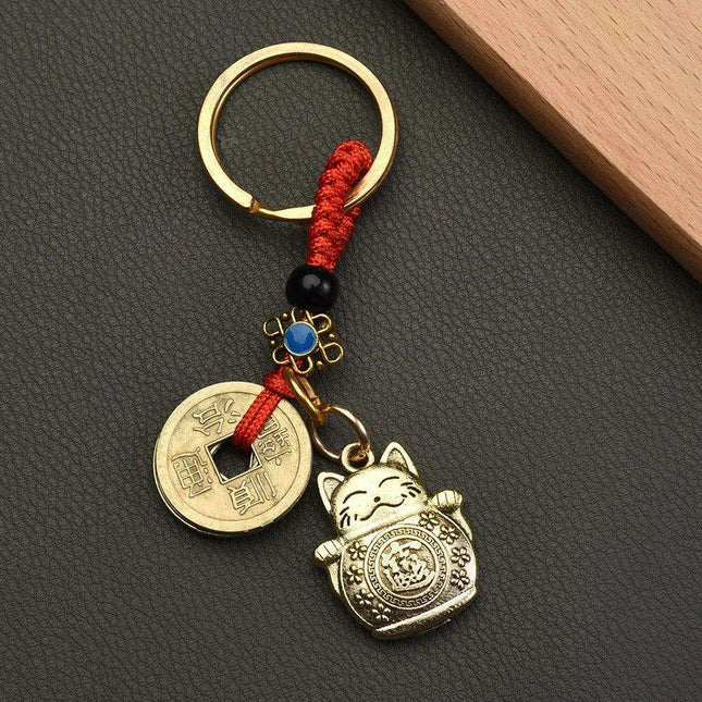 Fortune Cat Brass Keychain with Antique Coins - A Charm for Wealth and Abundance
