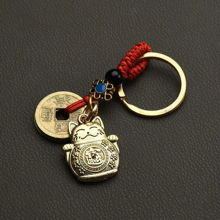 Fortune Cat Brass Keychain with Antique Coins - A Charm for Wealth and Abundance - Très Elite