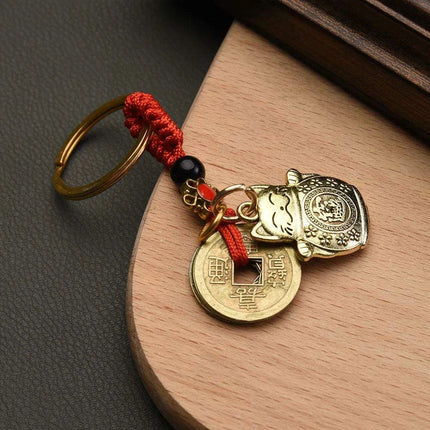 Fortune Cat Brass Keychain with Antique Coins - A Charm for Wealth and Abundance - Très Elite