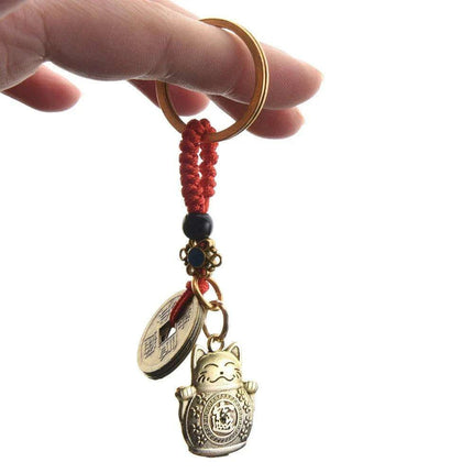 Fortune Cat Brass Keychain with Antique Coins - A Charm for Wealth and Abundance - Très Elite