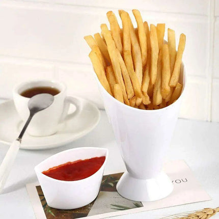 French Fry and Dipping Sauce Stand - Chic White Snack Holder Duo - Très Elite