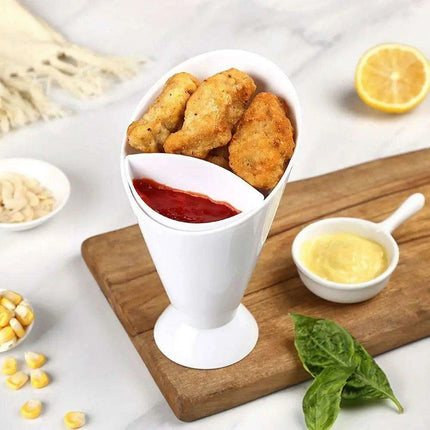 French Fry and Dipping Sauce Stand - Chic White Snack Holder Duo - Très Elite