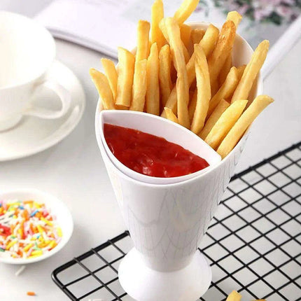 French Fry and Dipping Sauce Stand - Chic White Snack Holder Duo - Très Elite