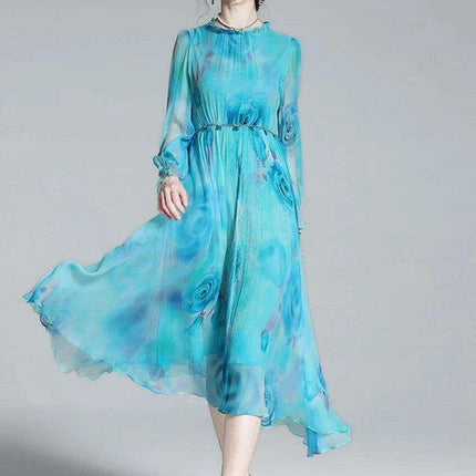 French Silk Flare Sleeve Dress with Floral A-line Skirt - Elegant Mulberry Silk Dress - Très Elite