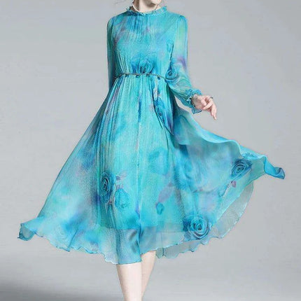 French Silk Flare Sleeve Dress with Floral A-line Skirt - Elegant Mulberry Silk Dress - Très Elite