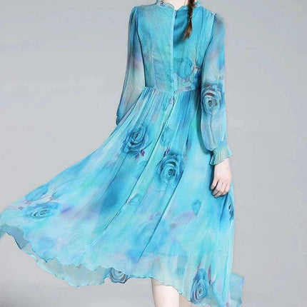 French Silk Flare Sleeve Dress with Floral A-line Skirt - Elegant Mulberry Silk Dress - Très Elite