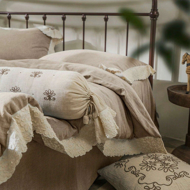 French Vintage Elegant Cotton Linen Lace Duvet Cover and Sheet Set - 4 Piece Collection