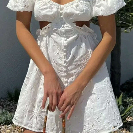 French one-shoulder breasted lace hollow backless sexy short dress - Très Elite