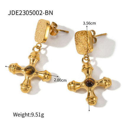 French retro palace style stainless steel natural stone cross necklace/earrings - Très Elite