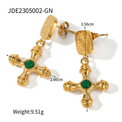French retro palace style stainless steel natural stone cross necklace/earrings - Très Elite