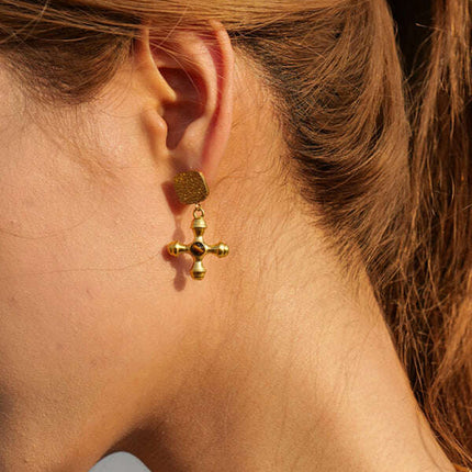 French retro palace style stainless steel natural stone cross necklace/earrings