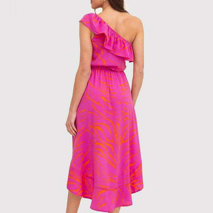 Fuchsia Floral Ruffle One-Shoulder Daydress