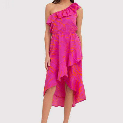 Fuchsia Floral Ruffle One-Shoulder Daydress