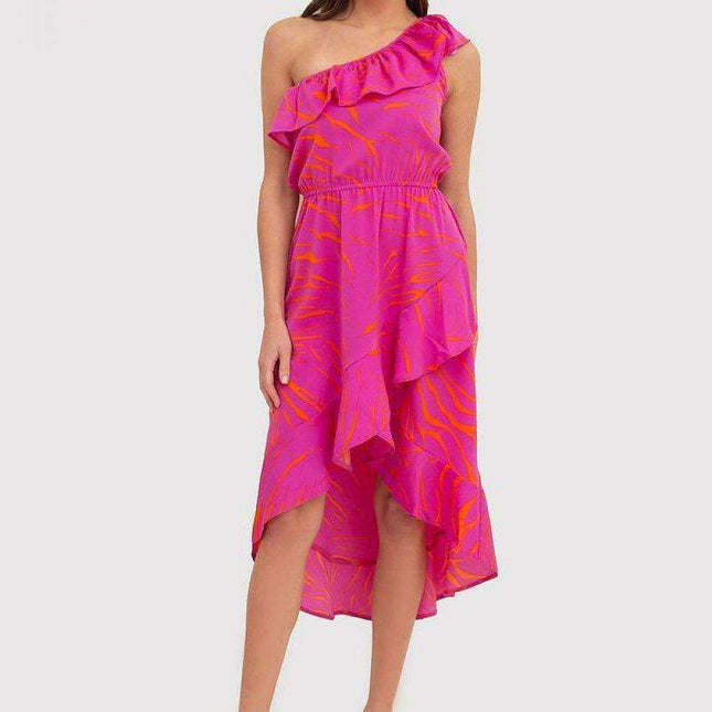 Fuchsia Floral Ruffle One-Shoulder Daydress