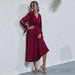 Sophisticated Solid Color V-Neck Dress with Petal Sleeves for Women