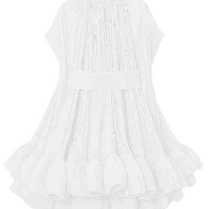 GALCAUR Women's Stylish High Waist A-Line Dress with Pleats and Lace-Up Detail, Round Neck, Short Sleeves - Très Elite
