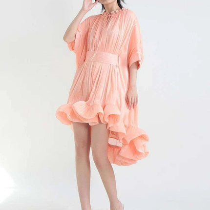 GALCAUR Women's Stylish High Waist A-Line Dress with Pleats and Lace-Up Detail, Round Neck, Short Sleeves - Très Elite