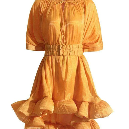 GALCAUR Women's Stylish High Waist A-Line Dress with Pleats and Lace-Up Detail, Round Neck, Short Sleeves - Très Elite