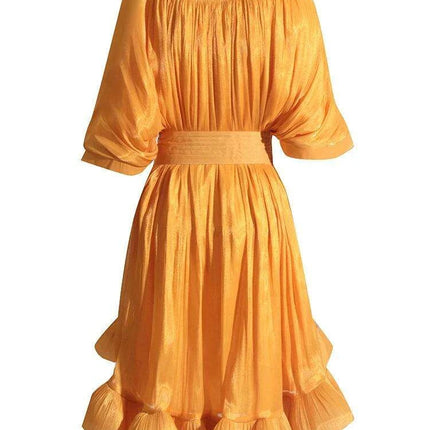 GALCAUR Women's Stylish High Waist A-Line Dress with Pleats and Lace-Up Detail, Round Neck, Short Sleeves - Très Elite