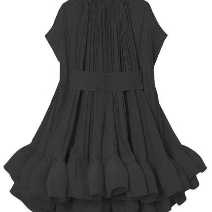 GALCAUR Women's Stylish High Waist A-Line Dress with Pleats and Lace-Up Detail, Round Neck, Short Sleeves - Très Elite