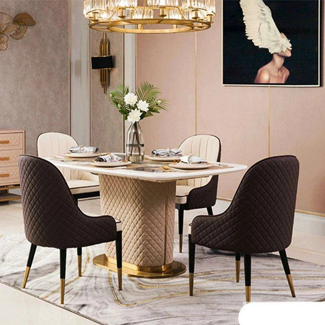 Genuine Leather Chairs & Elegant Marble Table with Stainless Steel Accents