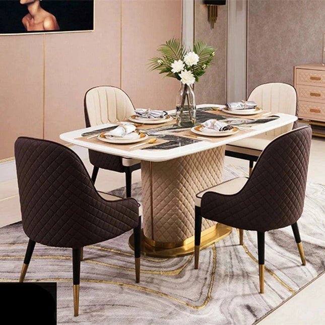 Genuine Leather Chairs & Elegant Marble Table with Stainless Steel Accents