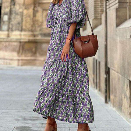 Geometric Print Puff Sleeve Dress - Stylish Women's Essential for City and Getaway Adventures