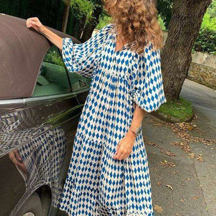 Geometric Print Puff Sleeve Dress - Stylish Women's Essential for City and Getaway Adventures - Très Elite