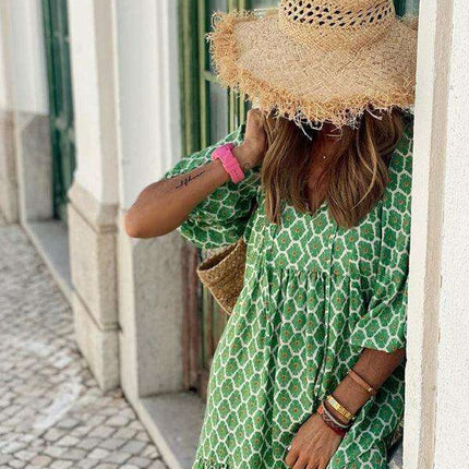 Geometric Print Puff Sleeve Dress - Stylish Women's Essential for City and Getaway Adventures - Très Elite