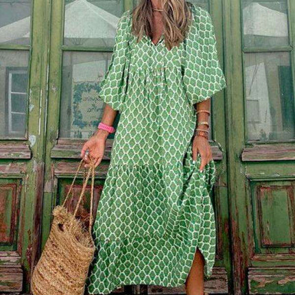 Geometric Print Puff Sleeve Dress - Stylish Women's Essential for City and Getaway Adventures - Très Elite