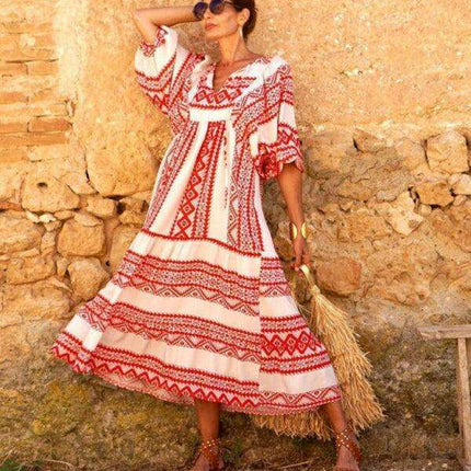 Geometric Print Puff Sleeve Dress - Stylish Women's Essential for City and Getaway Adventures - Très Elite
