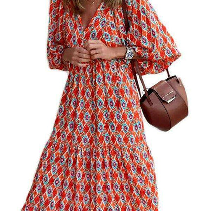 Geometric Print Puff Sleeve Dress - Stylish Women's Essential for City and Getaway Adventures - Très Elite