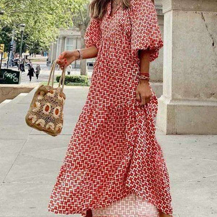 Geometric Print Puff Sleeve Dress - Stylish Women's Essential for City and Getaway Adventures