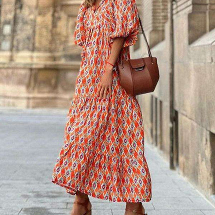 Geometric Print Puff Sleeve Dress - Stylish Women's Essential for City and Getaway Adventures