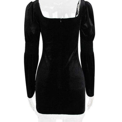Gilded Elegance: Long Sleeve Bodycon Dress in Luxe Gold Velvet with Square Neckline - Très Elite
