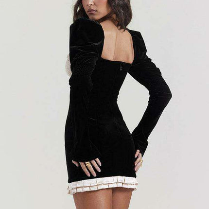 Gilded Elegance: Long Sleeve Bodycon Dress in Luxe Gold Velvet with Square Neckline - Très Elite