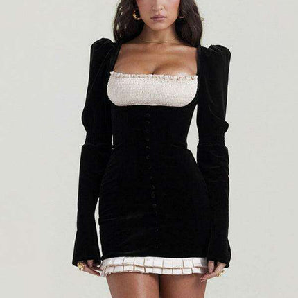 Gilded Elegance: Long Sleeve Bodycon Dress in Luxe Gold Velvet with Square Neckline - Très Elite