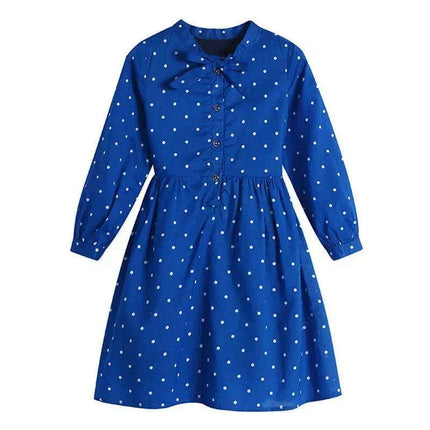 Girls' Long Sleeve Polka Dot Cotton Flare Dress - Stylish Blue Casual & Formal Wear for Kids - Très Elite