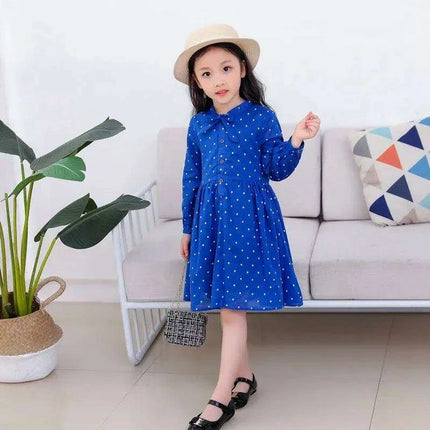 Girls' Long Sleeve Polka Dot Cotton Flare Dress - Stylish Blue Casual & Formal Wear for Kids - Très Elite
