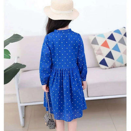 Girls' Long Sleeve Polka Dot Cotton Flare Dress - Stylish Blue Casual & Formal Wear for Kids - Très Elite