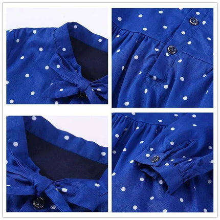 Girls' Long Sleeve Polka Dot Cotton Flare Dress - Stylish Blue Casual & Formal Wear for Kids - Très Elite