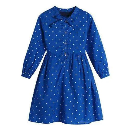 Girls' Long Sleeve Polka Dot Cotton Flare Dress - Stylish Blue Casual & Formal Wear for Kids - Très Elite