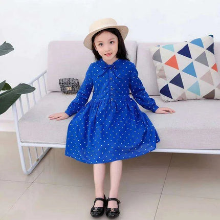 Girls' Long Sleeve Polka Dot Cotton Flare Dress - Stylish Blue Casual & Formal Wear for Kids - Très Elite