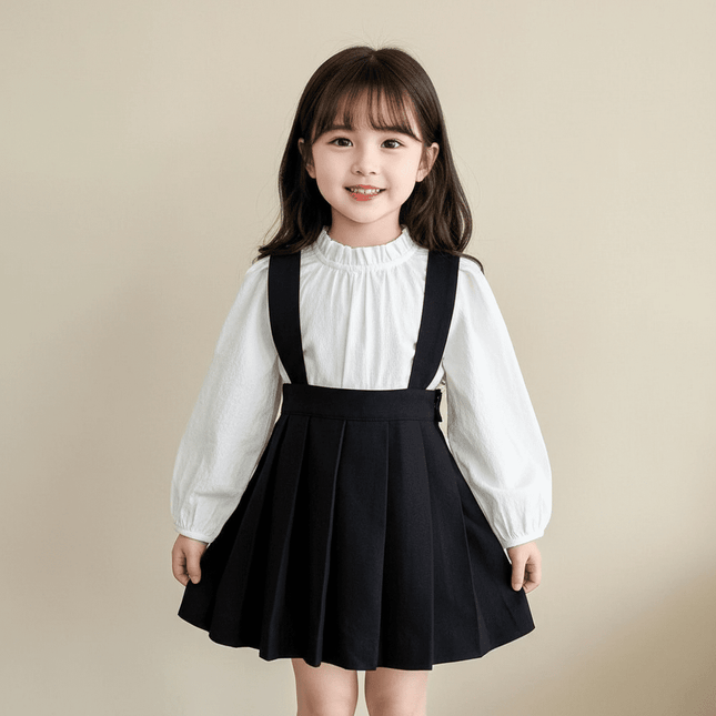 Girls' Long Sleeve Top and Playful Suspender Skirt Ensemble for Effortless Style