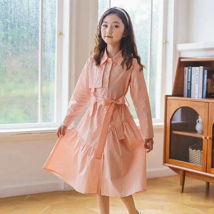 Girls' Spring Autumn Button-Up Dress in Solid Blue and Pink for Ages 6-16 - Très Elite